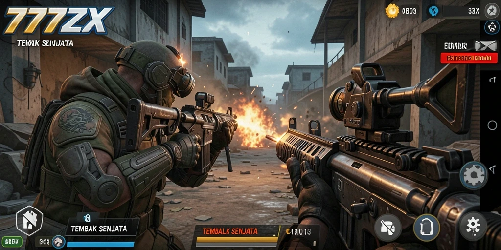 Antarmuka 777ZX menampilkan grafis gameplay Tembak Senjata yang mengesankan.