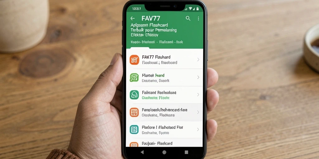 Antarmuka aplikasi FAV77 dengan fitur flashcard yang interaktif.