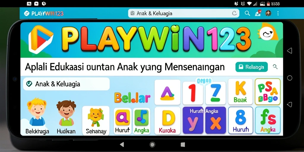 Screenshot utama PLAYWIN123 menampilkan anak-anak belajar huruf dan angka dengan interaksi menyenangkan.